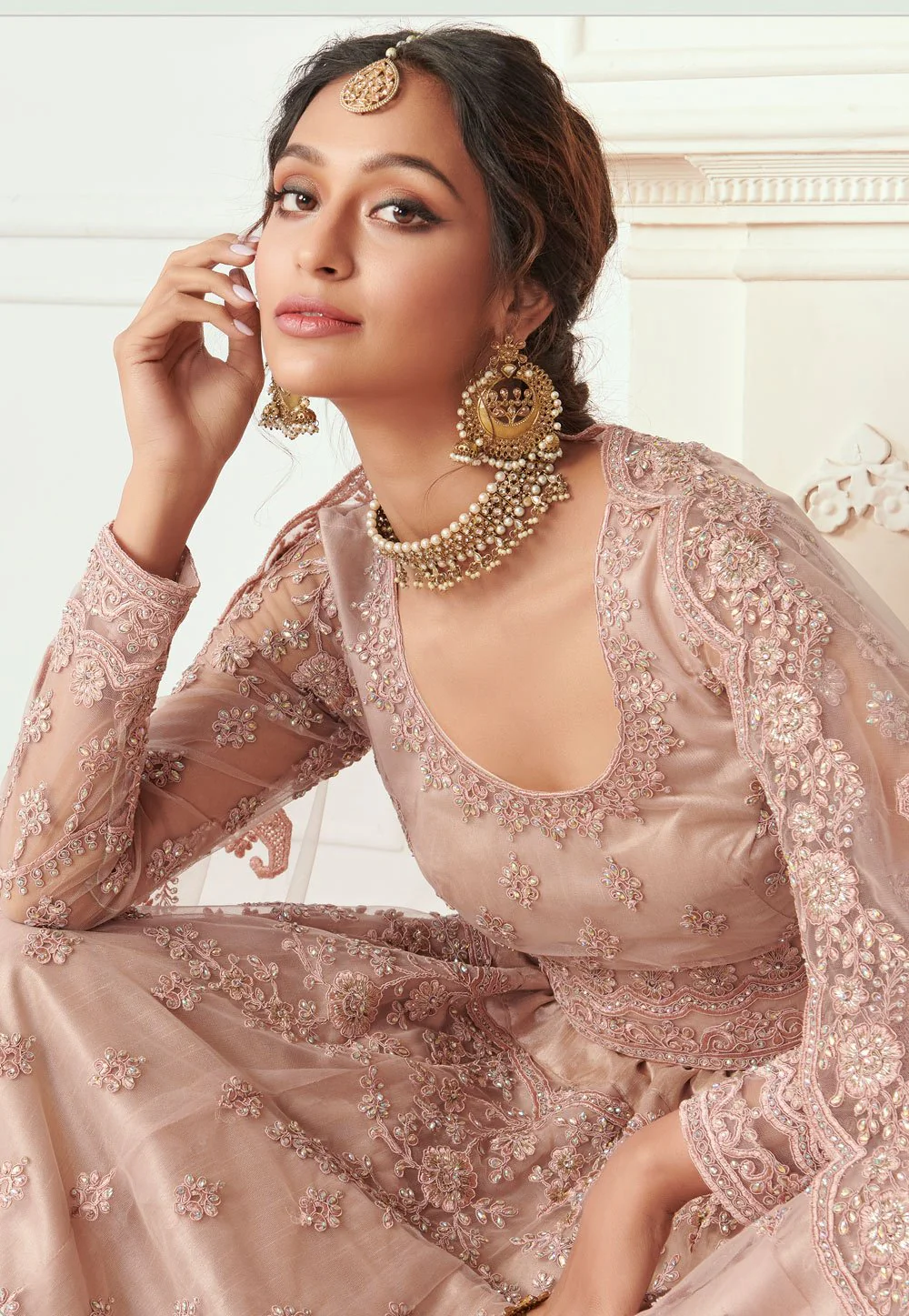 Beige Brown Net Embroidered Wedding Lehenga Choli - Image 2