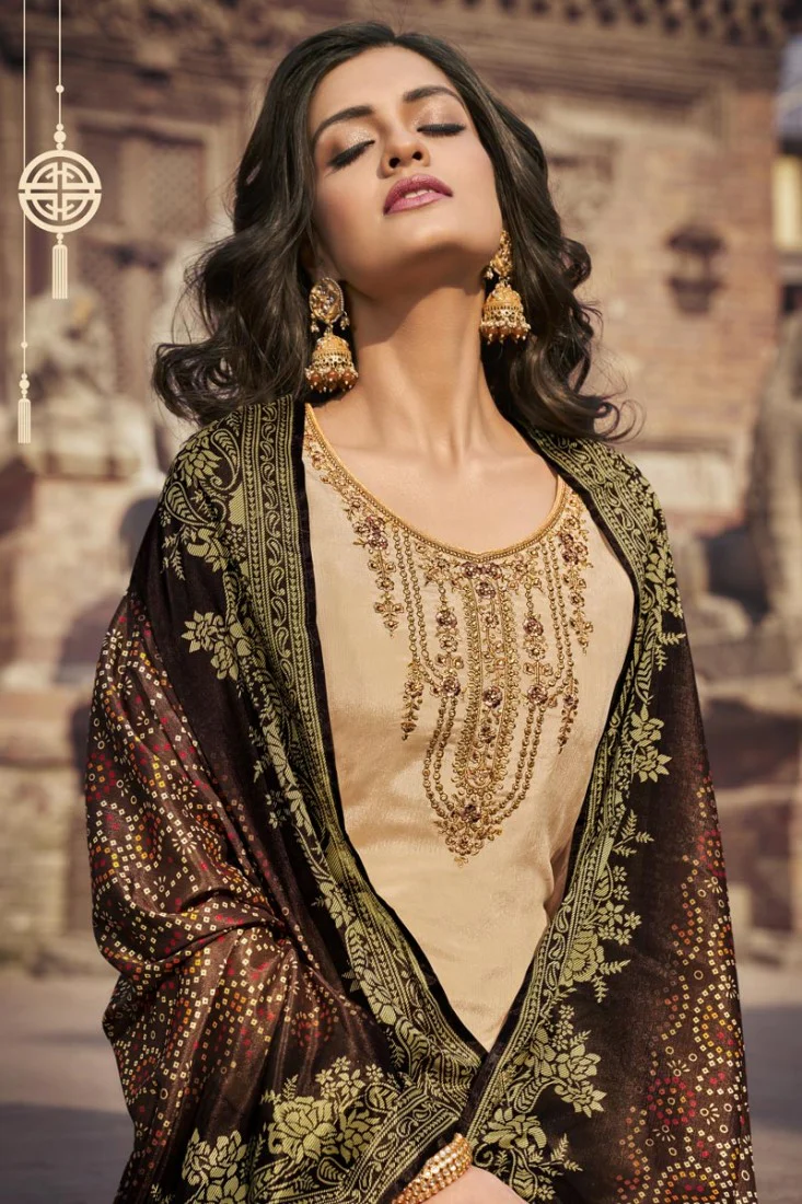 Beige Chiffon Embroidered Festive Palazzo Suit - Image 2