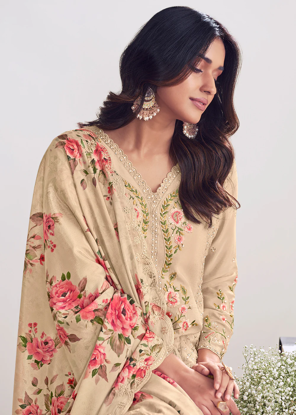 Beige Chinnon Silk Thread & Mirror Palazzo Suit - Image 2