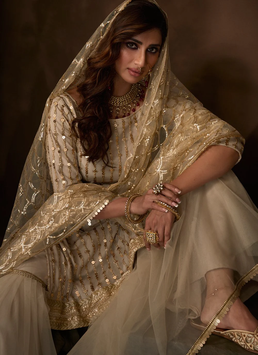 Beige Color Embroidered Designer Net Palazzo Salwar Kameez - Image 2