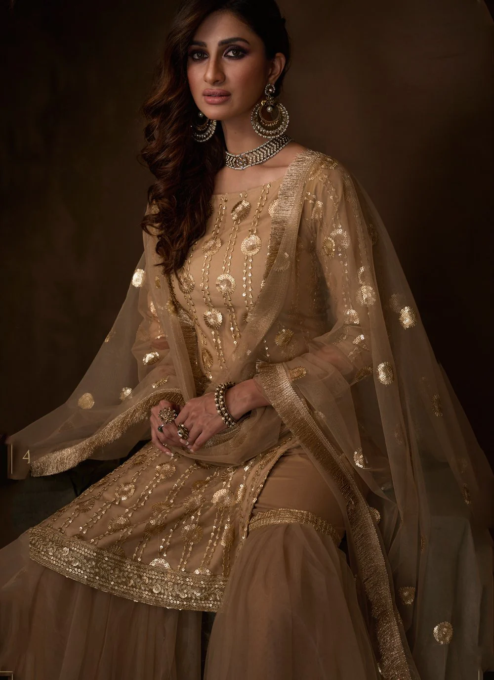 Beige Color Embroidered & Sequin Designer Net Palazzo Suit - Image 2