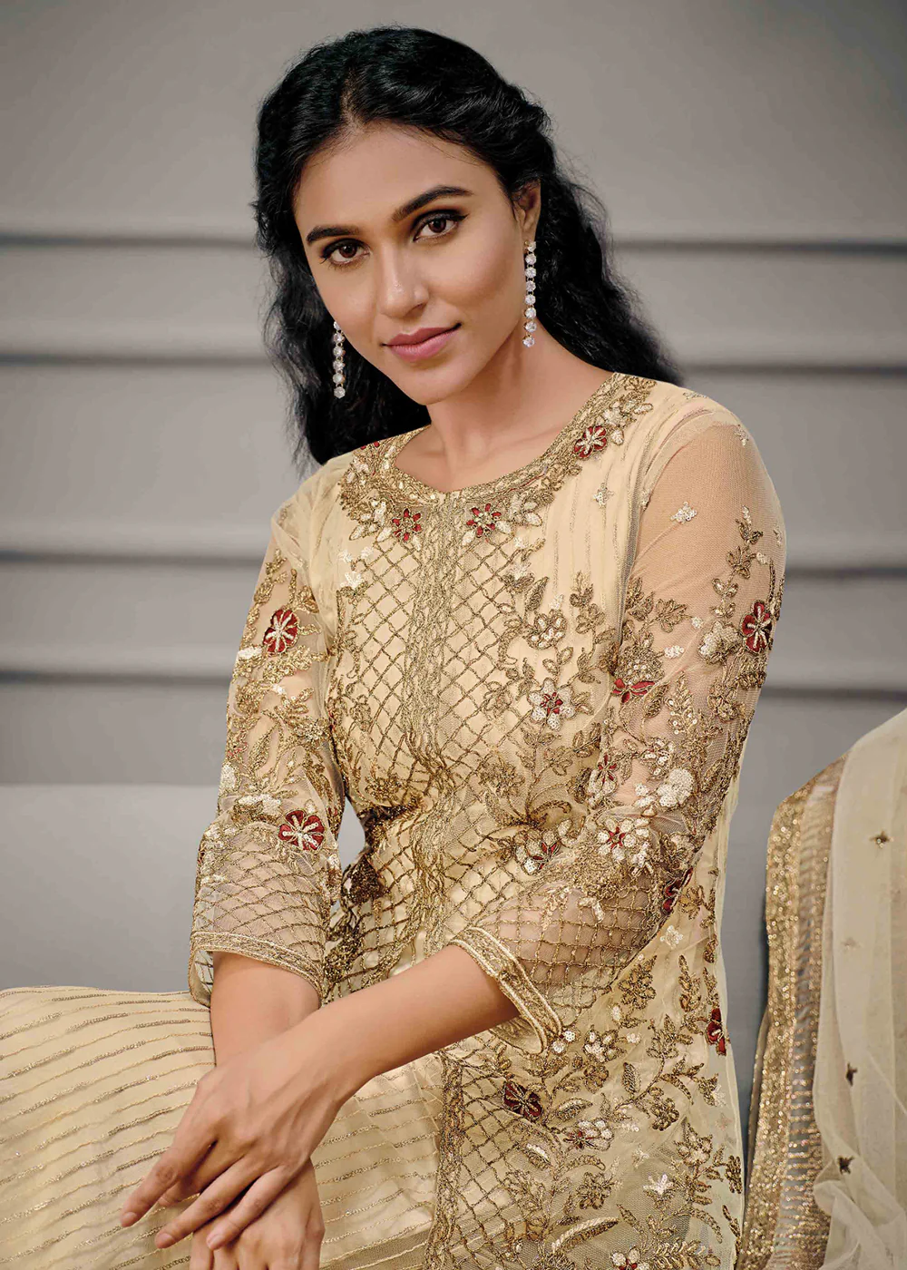 Beige Cream Wedding Wear Net Slit Style Salwar Suit - Image 2