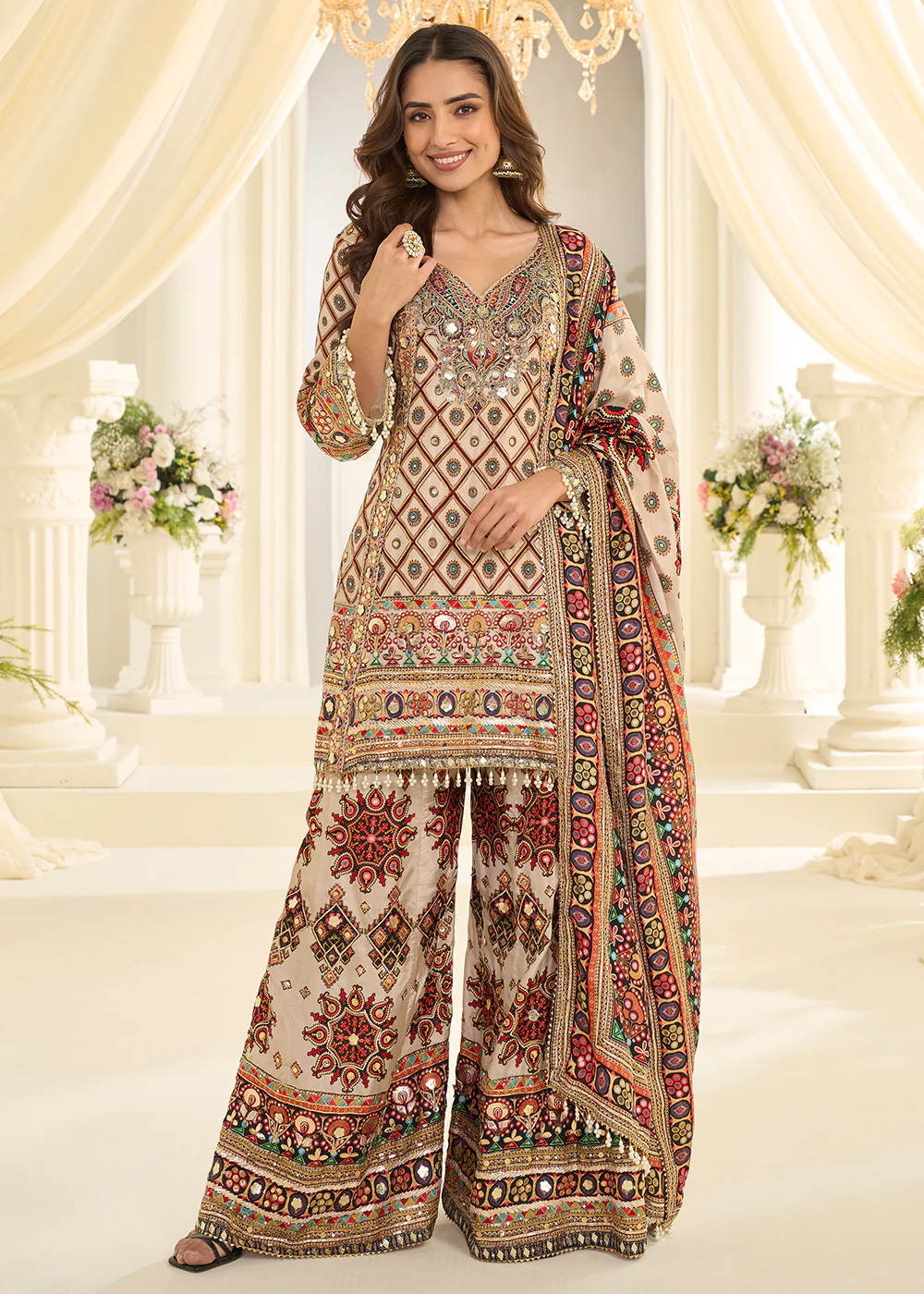 Beige Crepe Silk Aari & Gota Patti Work Palazzo Style Suit