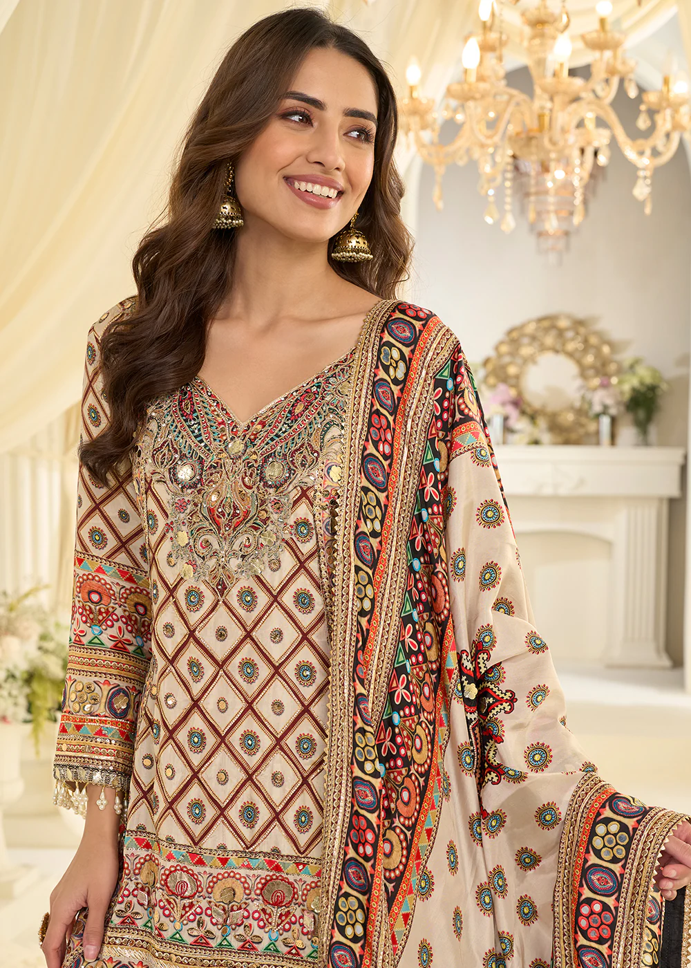 Beige Crepe Silk Aari & Gota Patti Work Palazzo Style Suit - Image 2