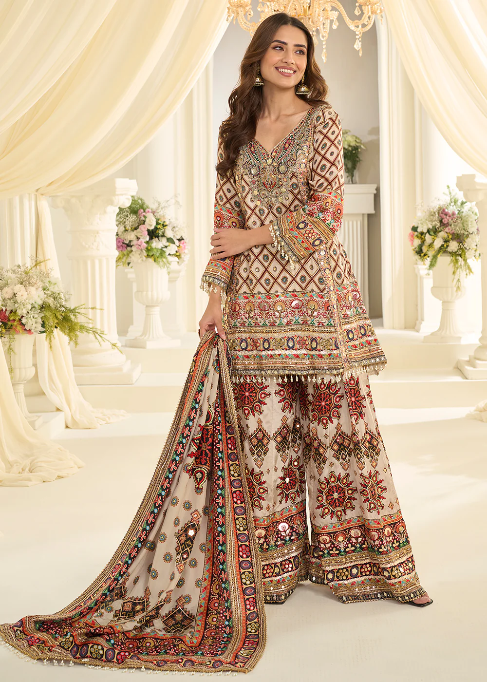 Beige Crepe Silk Aari & Gota Patti Work Palazzo Style Suit - Image 3