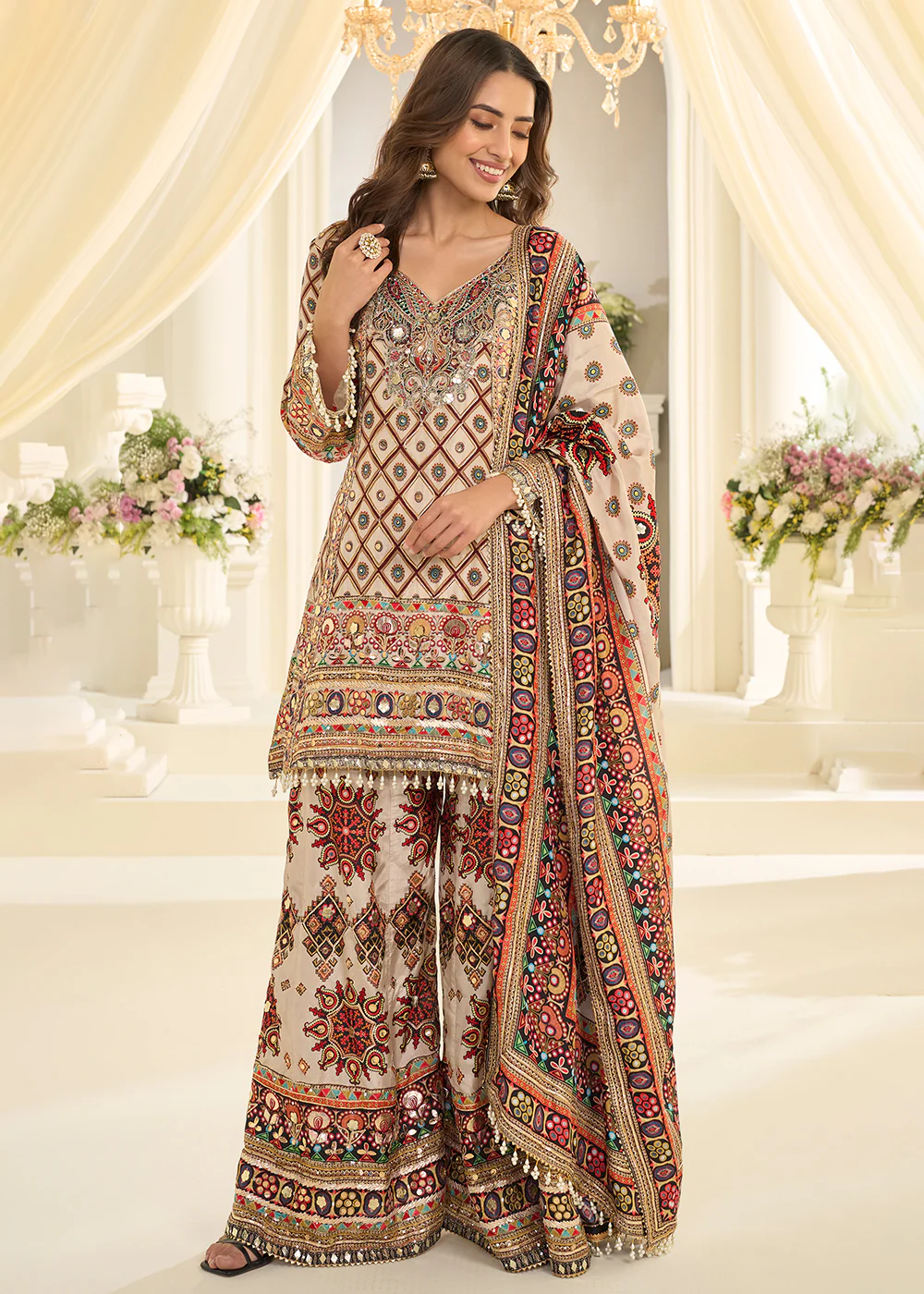Beige Crepe Silk Aari & Gota Patti Work Palazzo Style Suit - Image 4