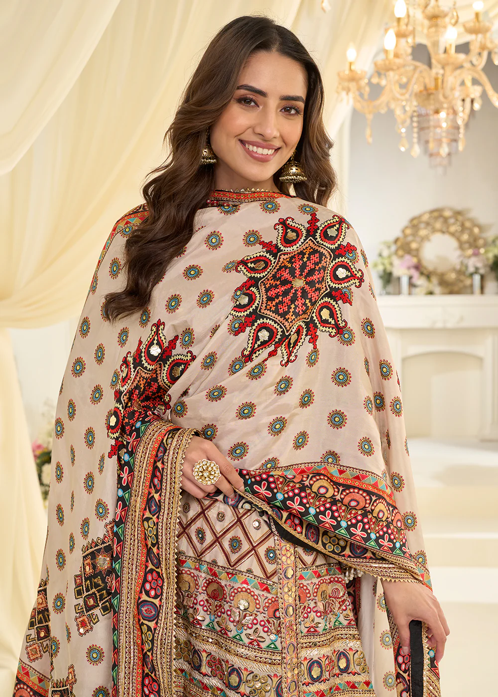 Beige Crepe Silk Aari & Gota Patti Work Palazzo Style Suit - Image 5
