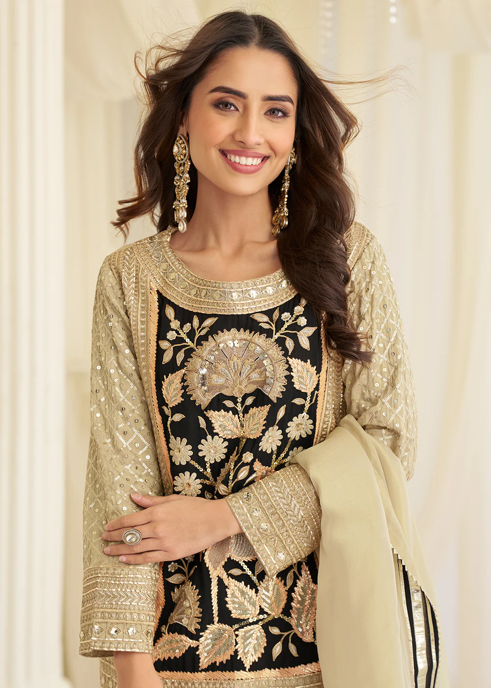 Beige Crepe Silk Beads Embroidered Pant Style Salwar Suit - Image 2