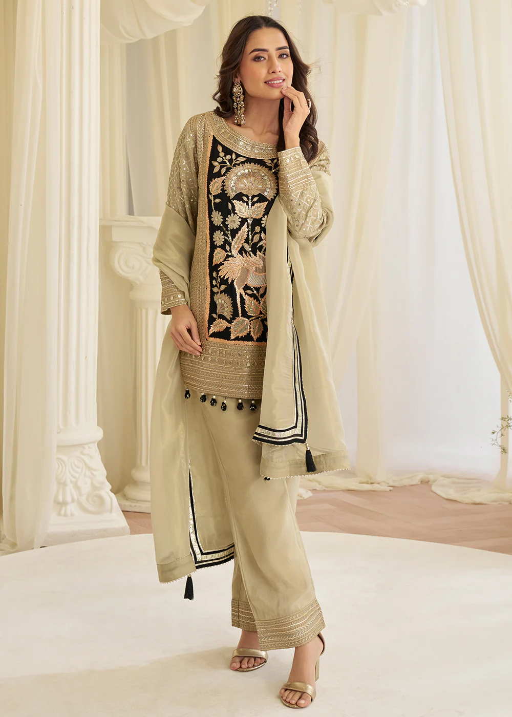 Beige Crepe Silk Beads Embroidered Pant Style Salwar Suit - Image 3