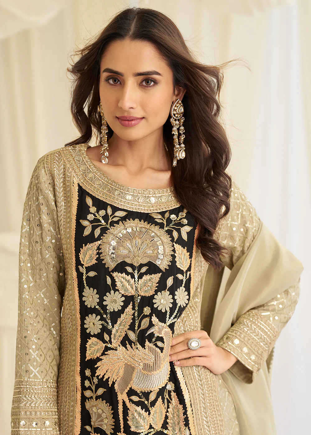Beige Crepe Silk Beads Embroidered Pant Style Salwar Suit - Image 4