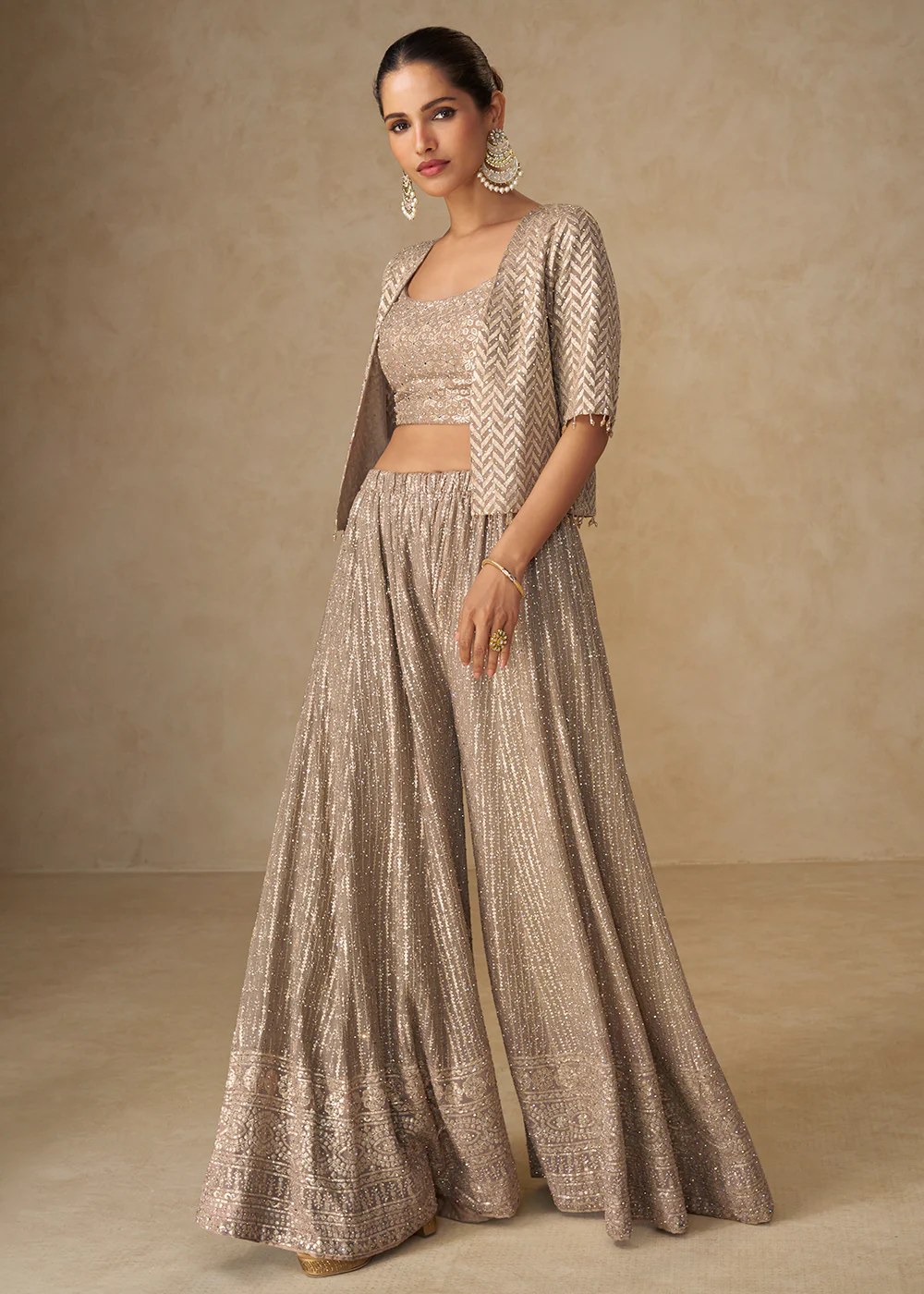 Beige Crop Top Style Indo Western Palazzo Suit