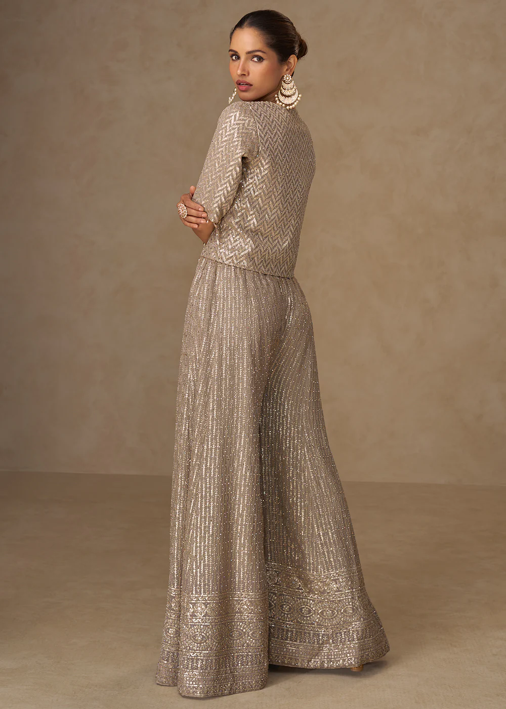Beige Crop Top Style Indo Western Palazzo Suit - Image 3