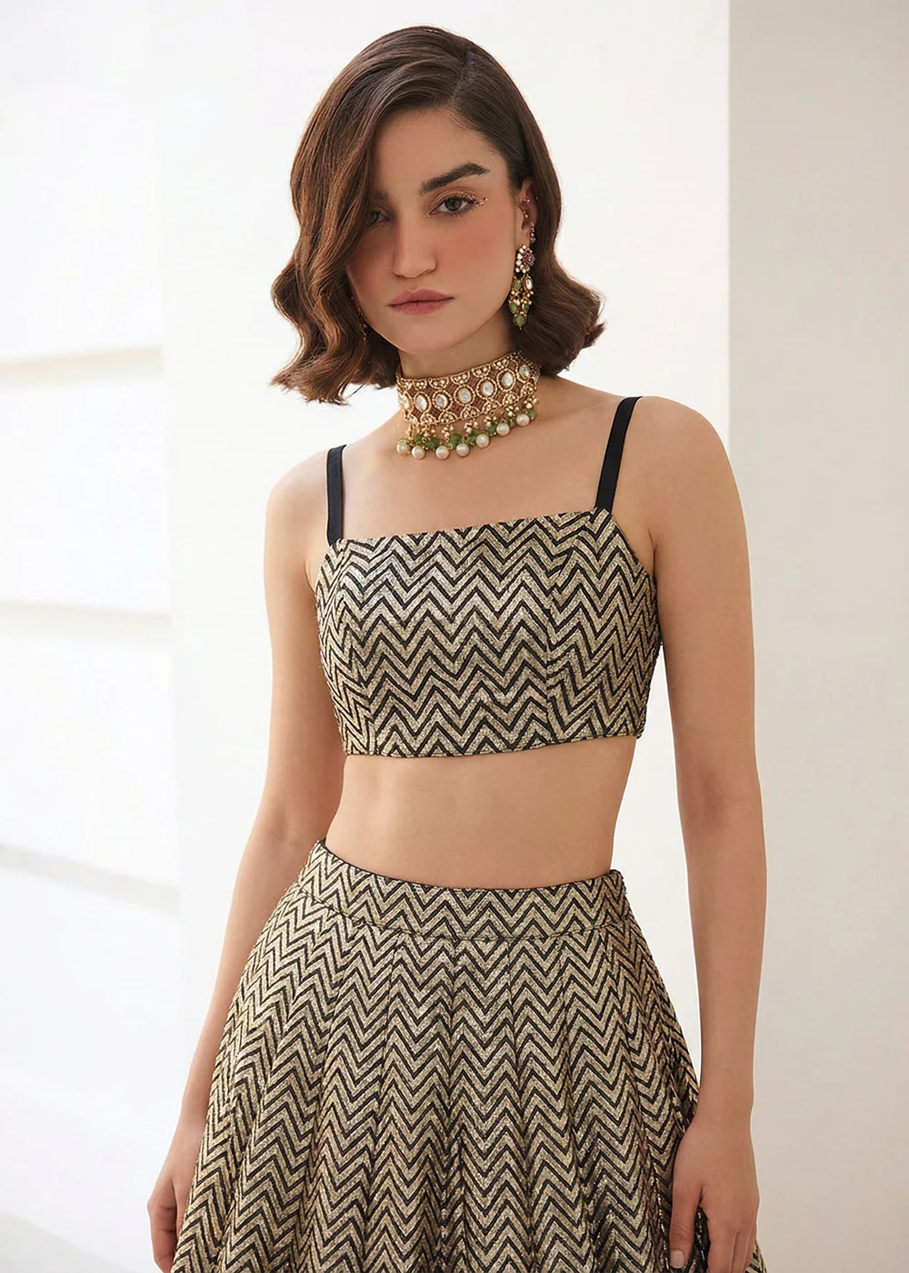 Beige Crop Top Style Silk Party Wear Lehenga Set - Image 2