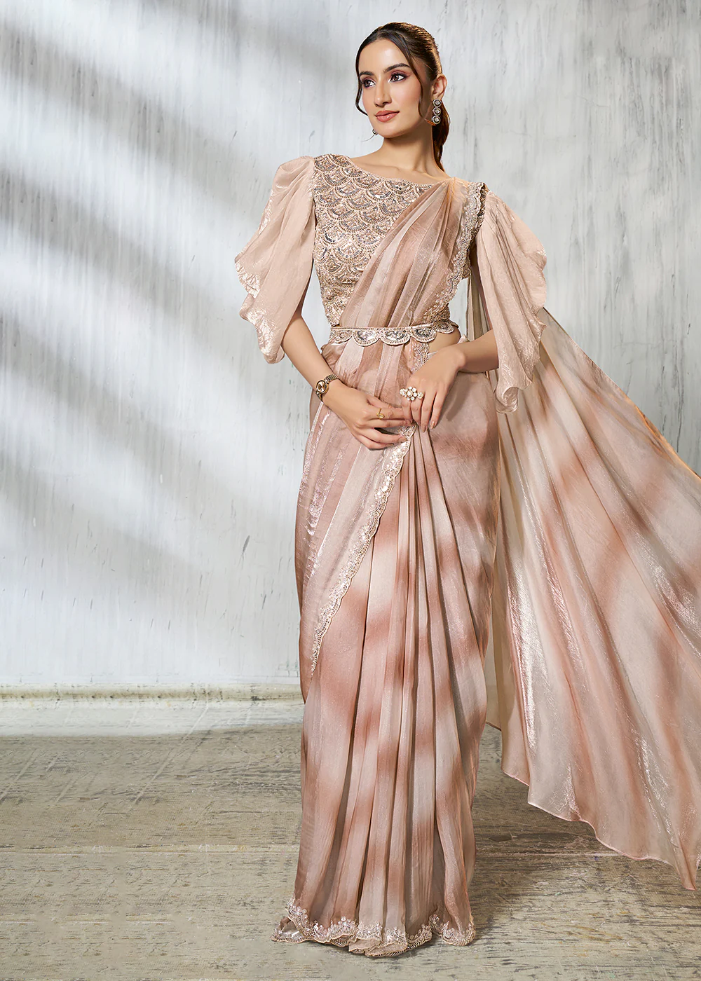 Beige Designer Embroidered Party Wear Saree