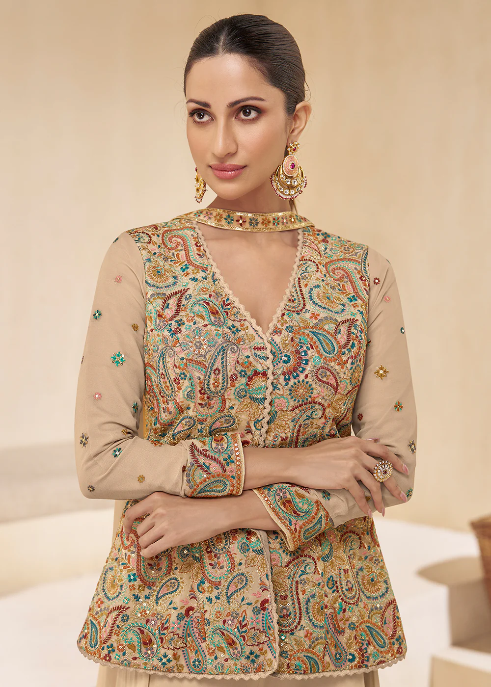 Beige Designer Embroidered Party Wear Sharara Suit - Image 2