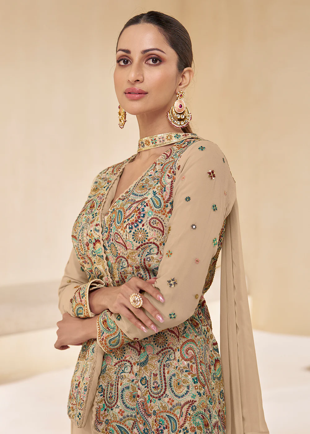 Beige Designer Embroidered Party Wear Sharara Suit - Image 3