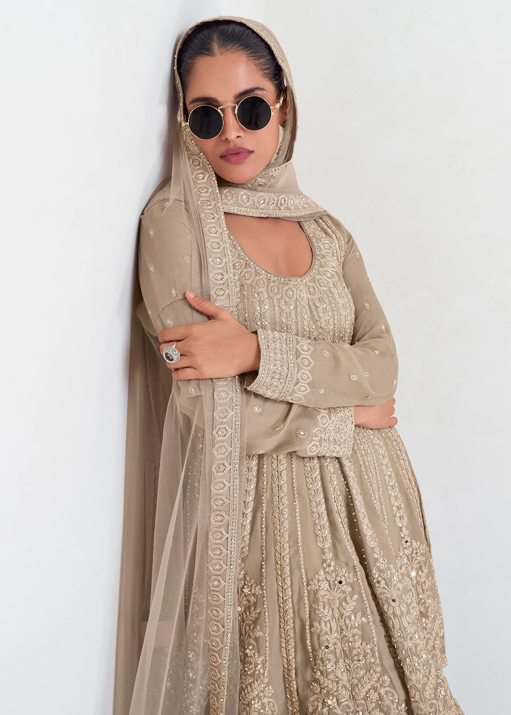 Beige Designer Embroidered Wedding Sharara Suit - Image 2