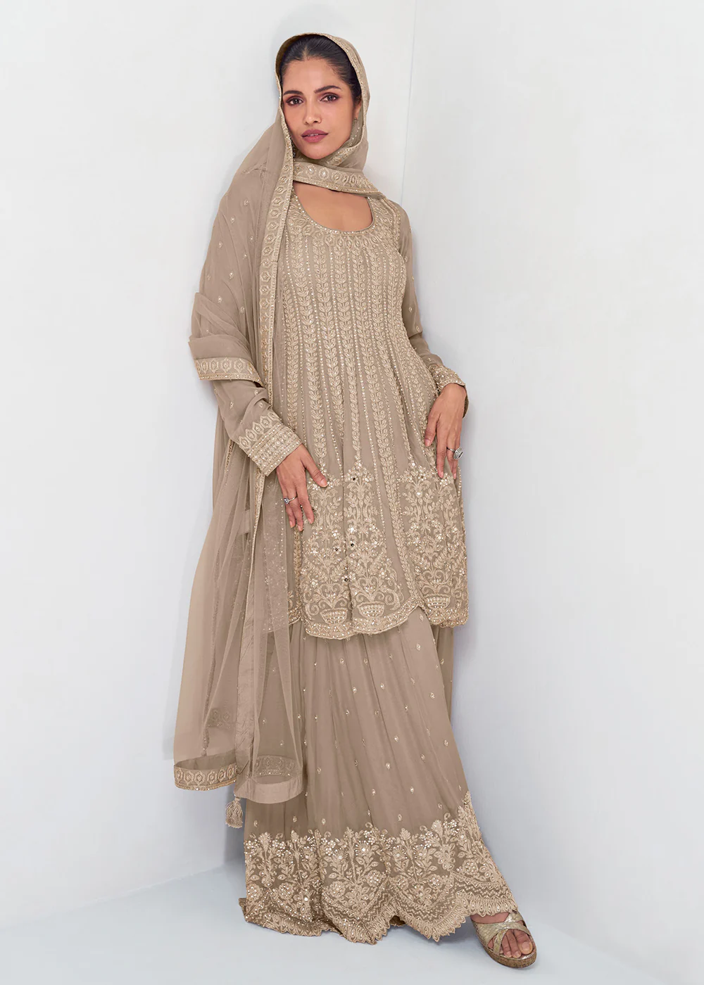 Beige Designer Embroidered Wedding Sharara Suit - Image 3