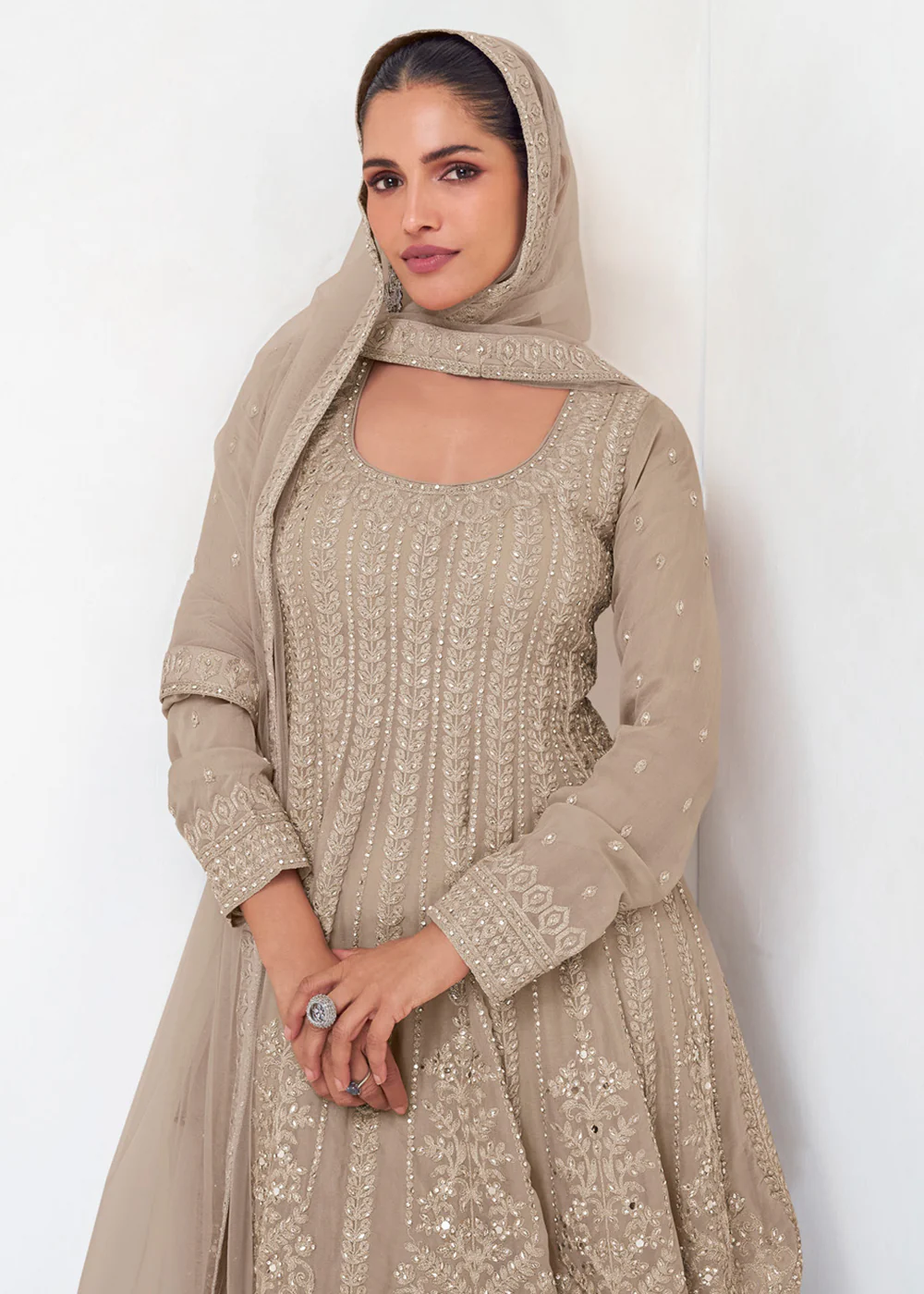 Beige Designer Embroidered Wedding Sharara Suit - Image 4