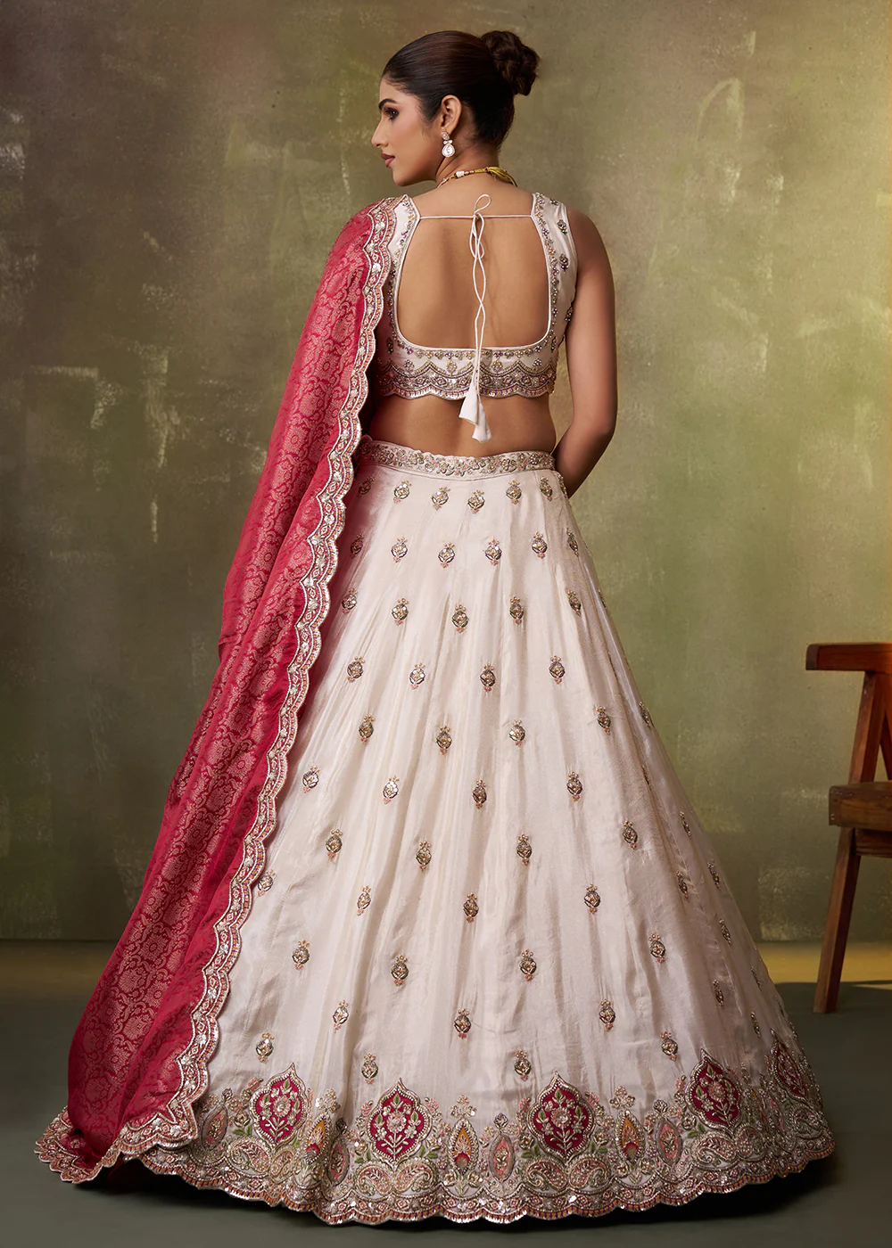Beige Designer Lehenga Choli with Pink Banarasi Silk Dupatta - Image 3