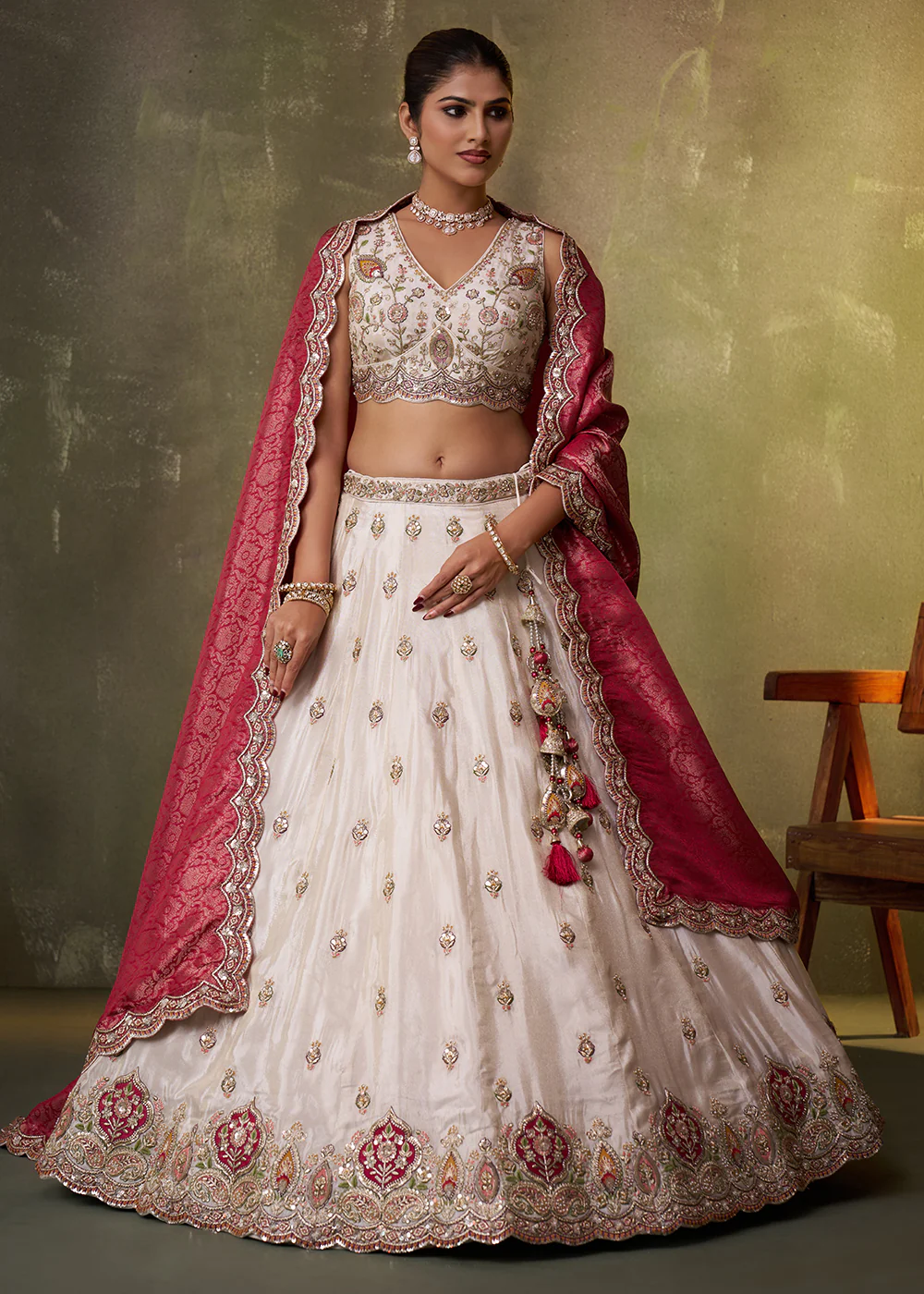 Beige Designer Lehenga Choli with Pink Banarasi Silk Dupatta - Image 4