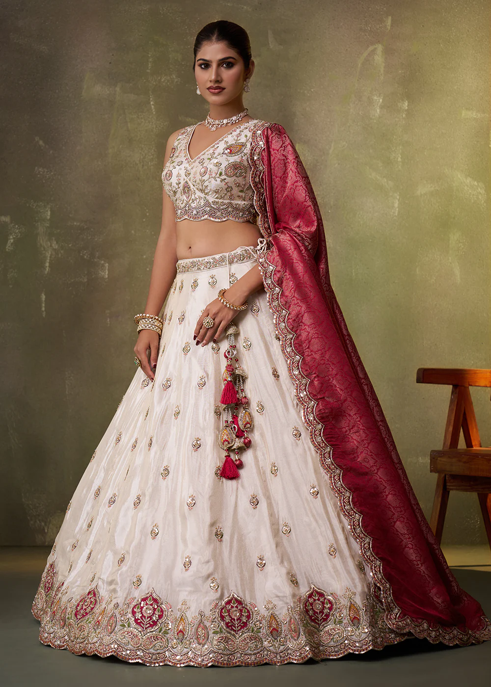 Beige Designer Lehenga Choli with Pink Banarasi Silk Dupatta - Image 5