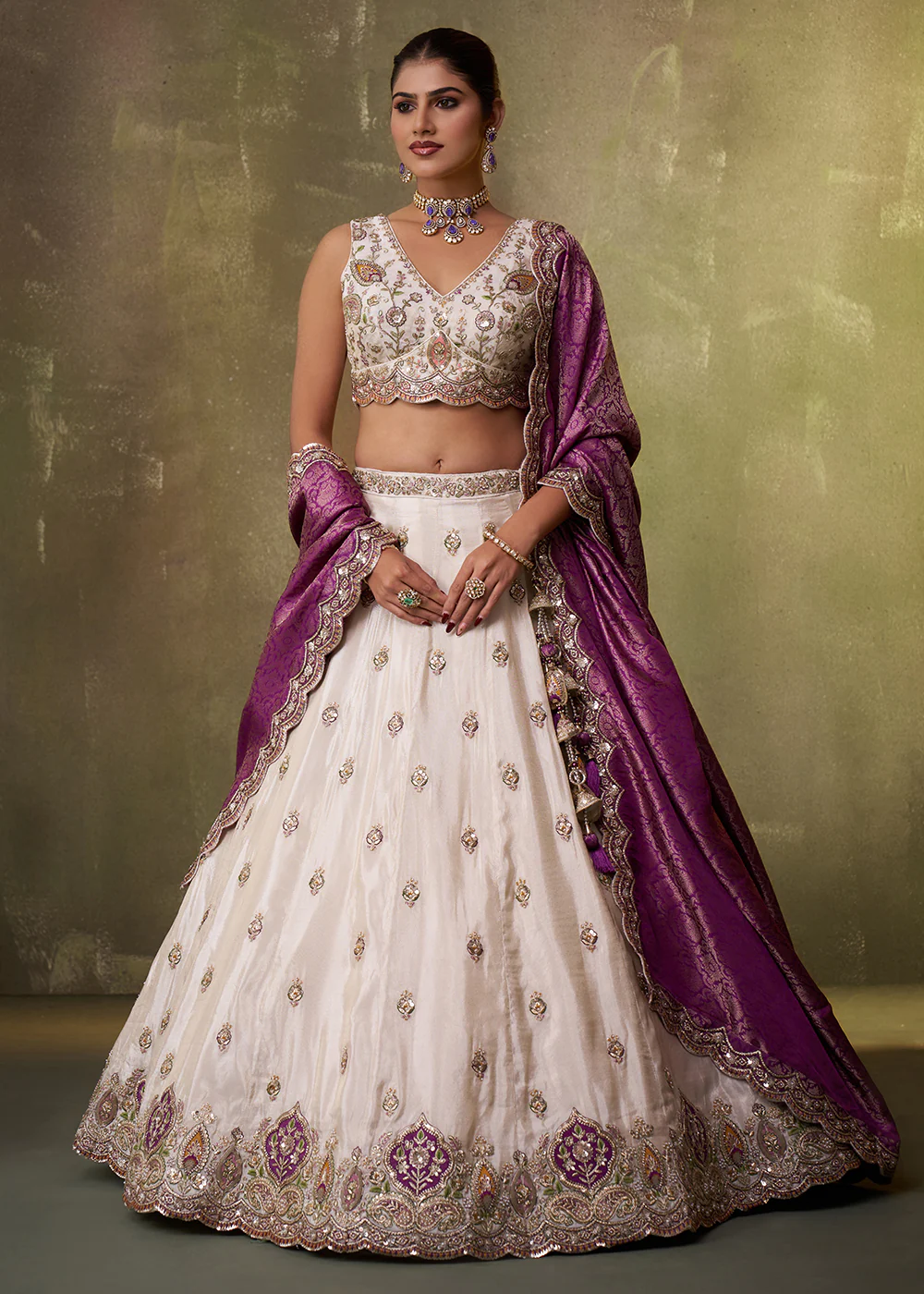 Beige Designer Lehenga Choli with Purple Banarasi Silk Dupatta