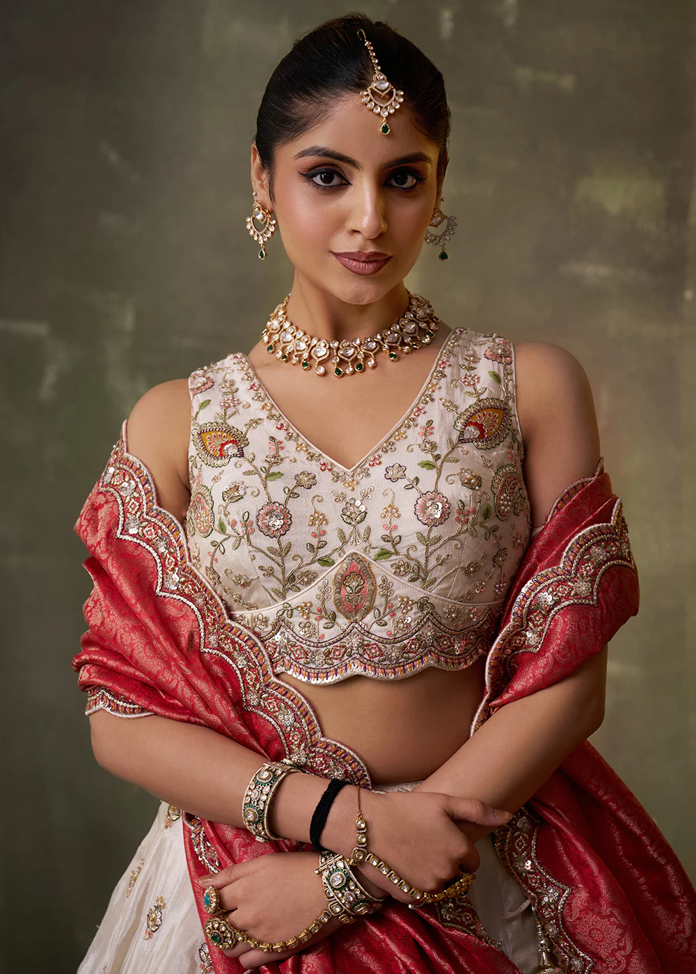 Beige Designer Lehenga Choli with Red Banarasi Silk Dupatta - Image 2
