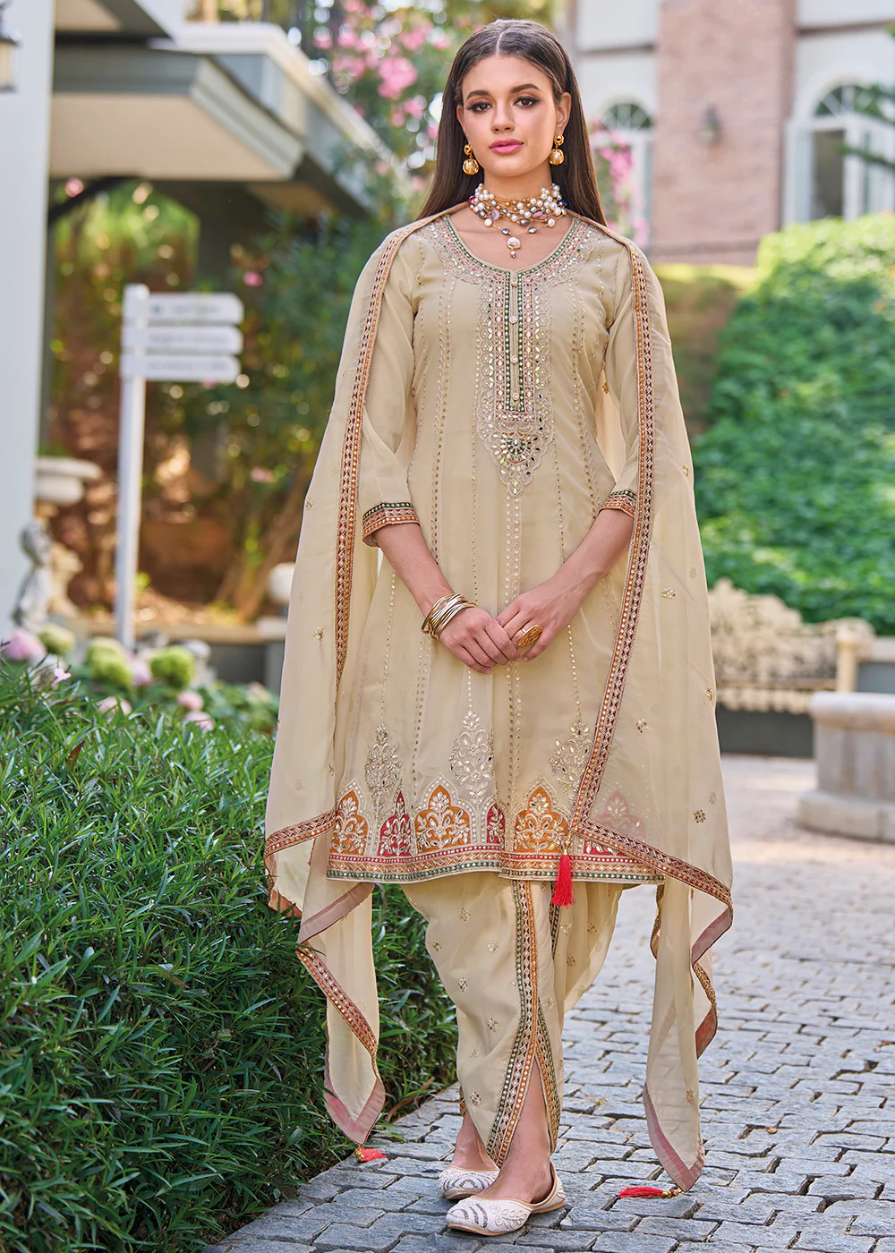 Beige Dhoti Style Embroidered Organza Punjabi Style Suit - Image 3