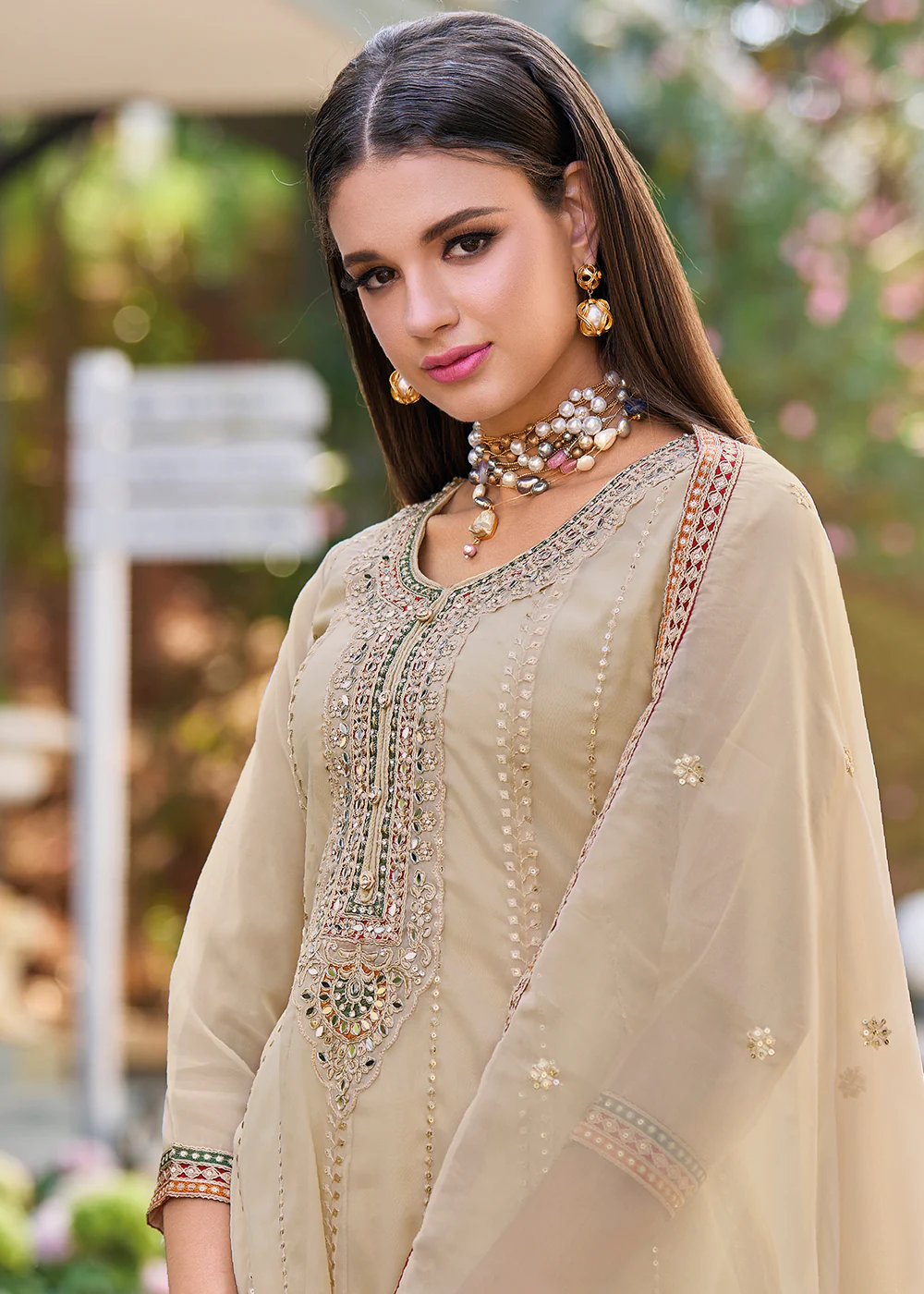 Beige Dhoti Style Embroidered Organza Punjabi Style Suit - Image 4