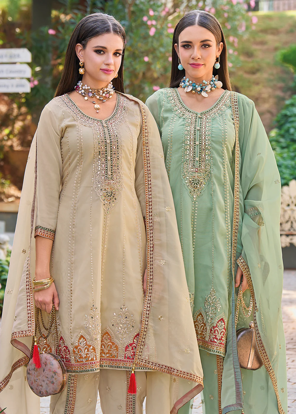 Beige Dhoti Style Embroidered Organza Punjabi Style Suit - Image 5