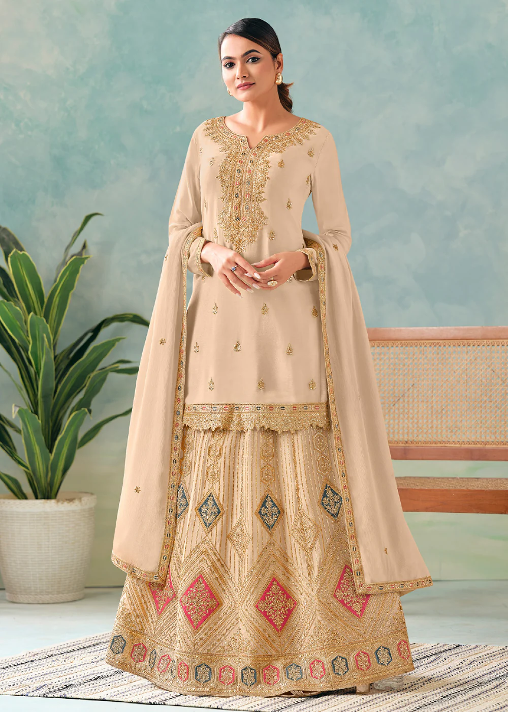 Beige Embroidered Chinnon Wedding Lehenga Suit