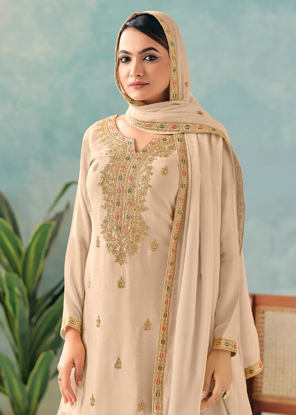 Beige Embroidered Chinnon Wedding Lehenga Suit - Image 2