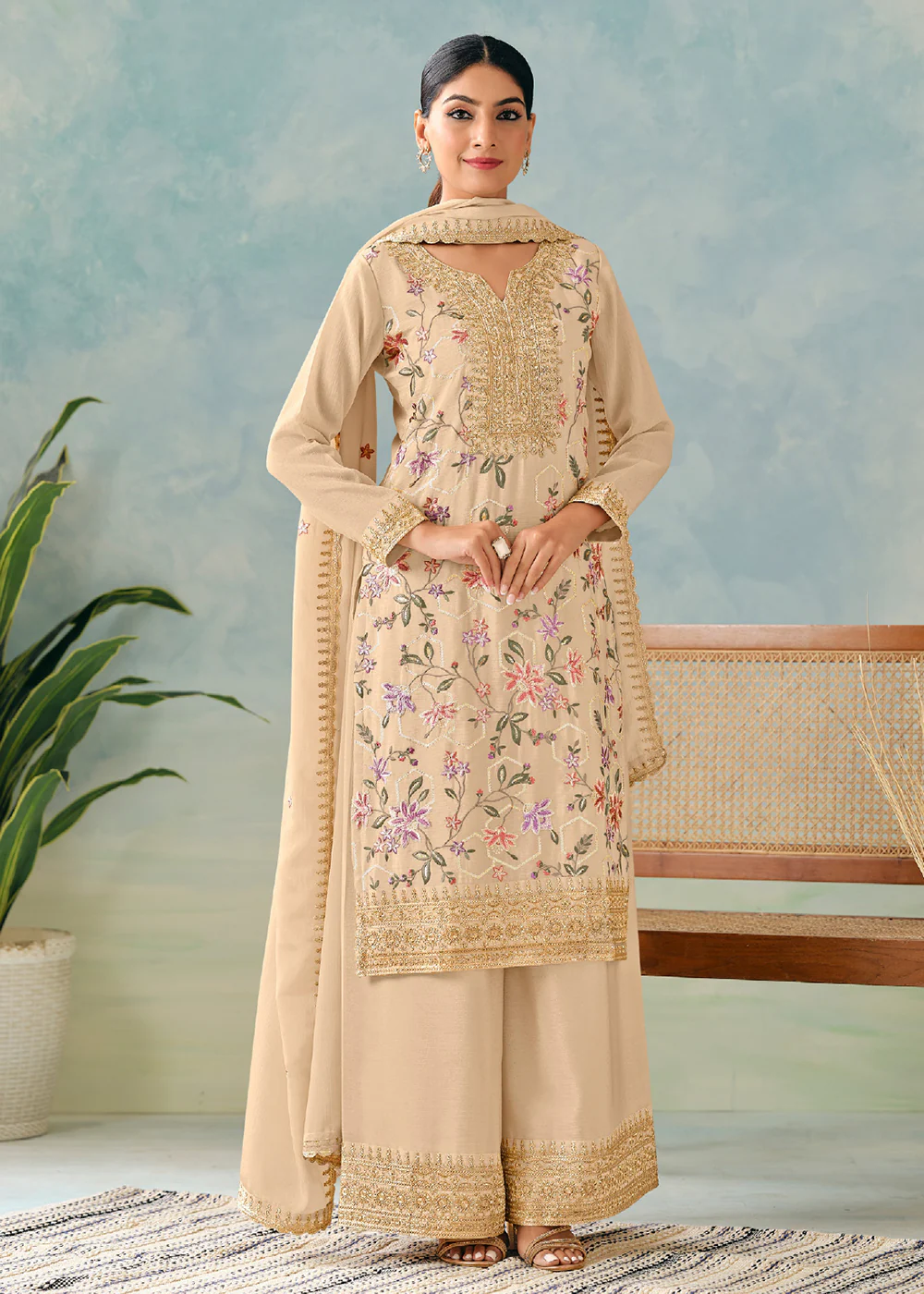Beige Embroidered Chinnon Wedding Palazzo Suit