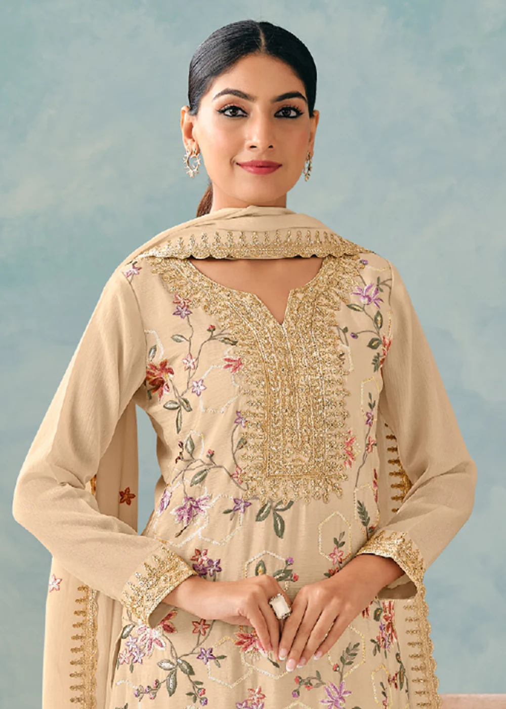 Beige Embroidered Chinnon Wedding Palazzo Suit - Image 2