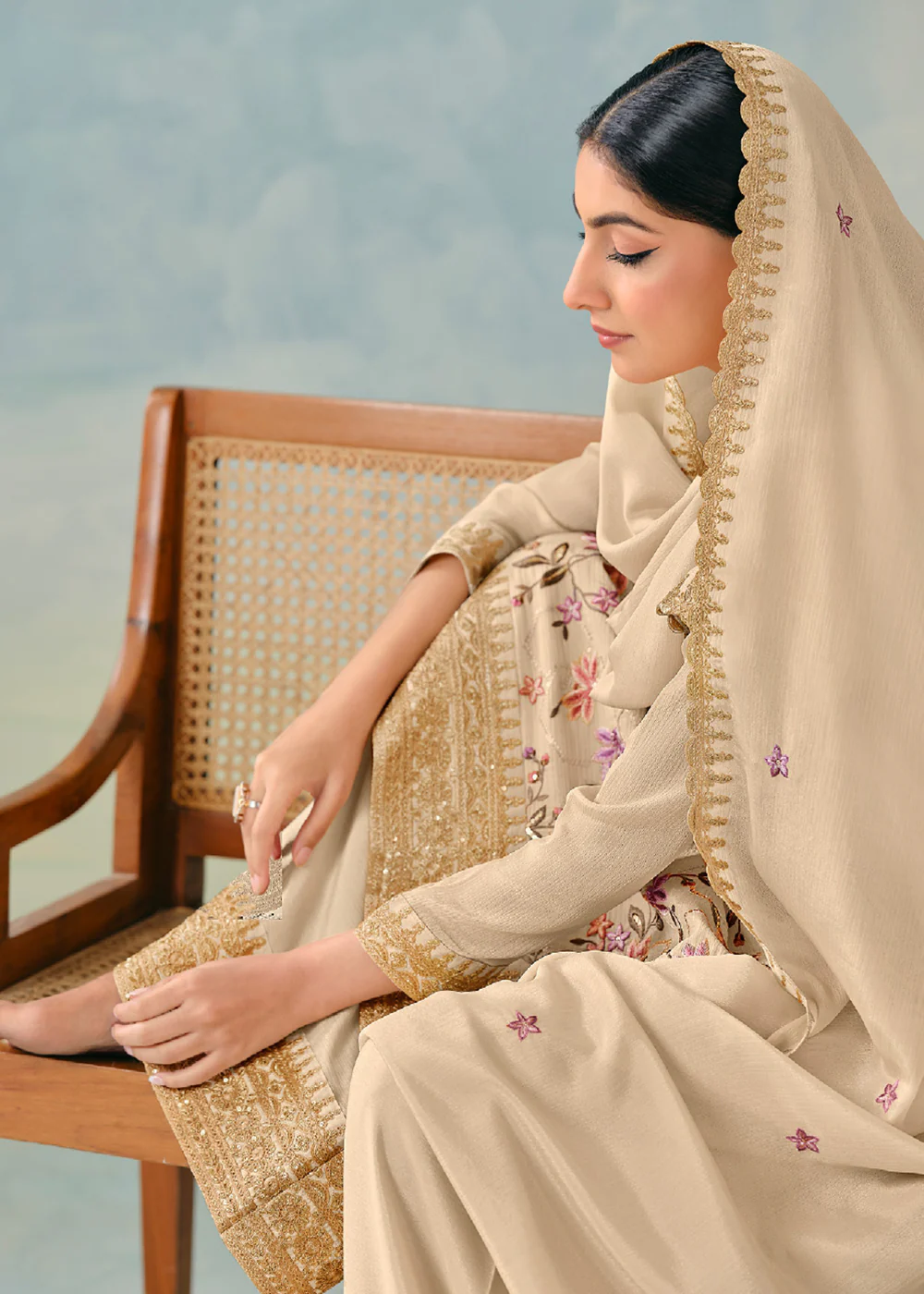 Beige Embroidered Chinnon Wedding Palazzo Suit - Image 3