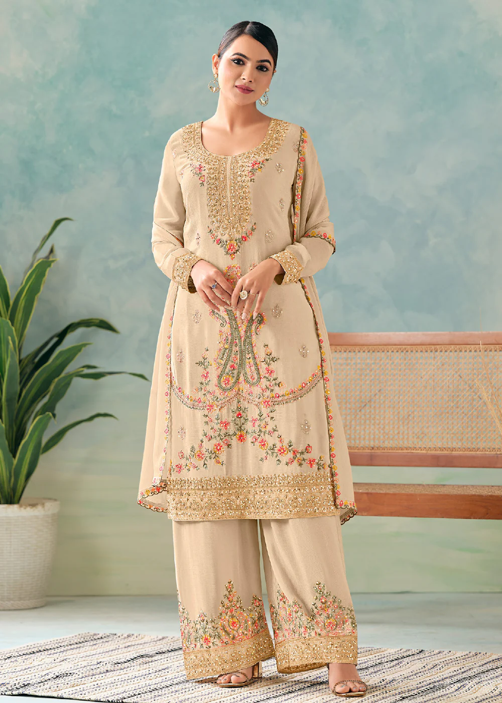 Beige Embroidered Chinnon Wedding Pant Suit