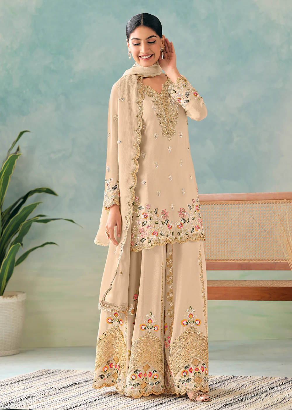Beige Embroidered Chinnon Wedding Sharara Suit