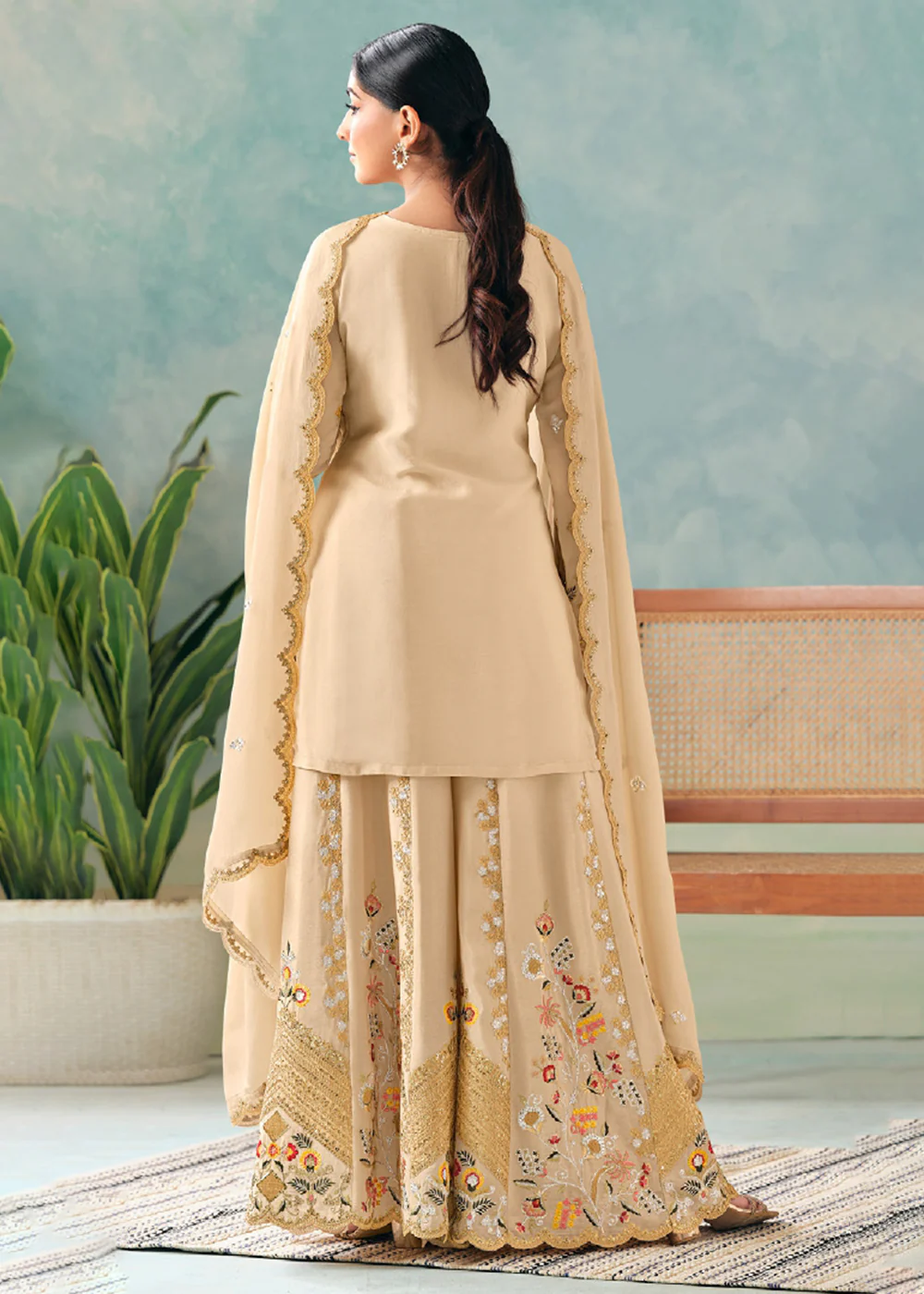 Beige Embroidered Chinnon Wedding Sharara Suit - Image 3