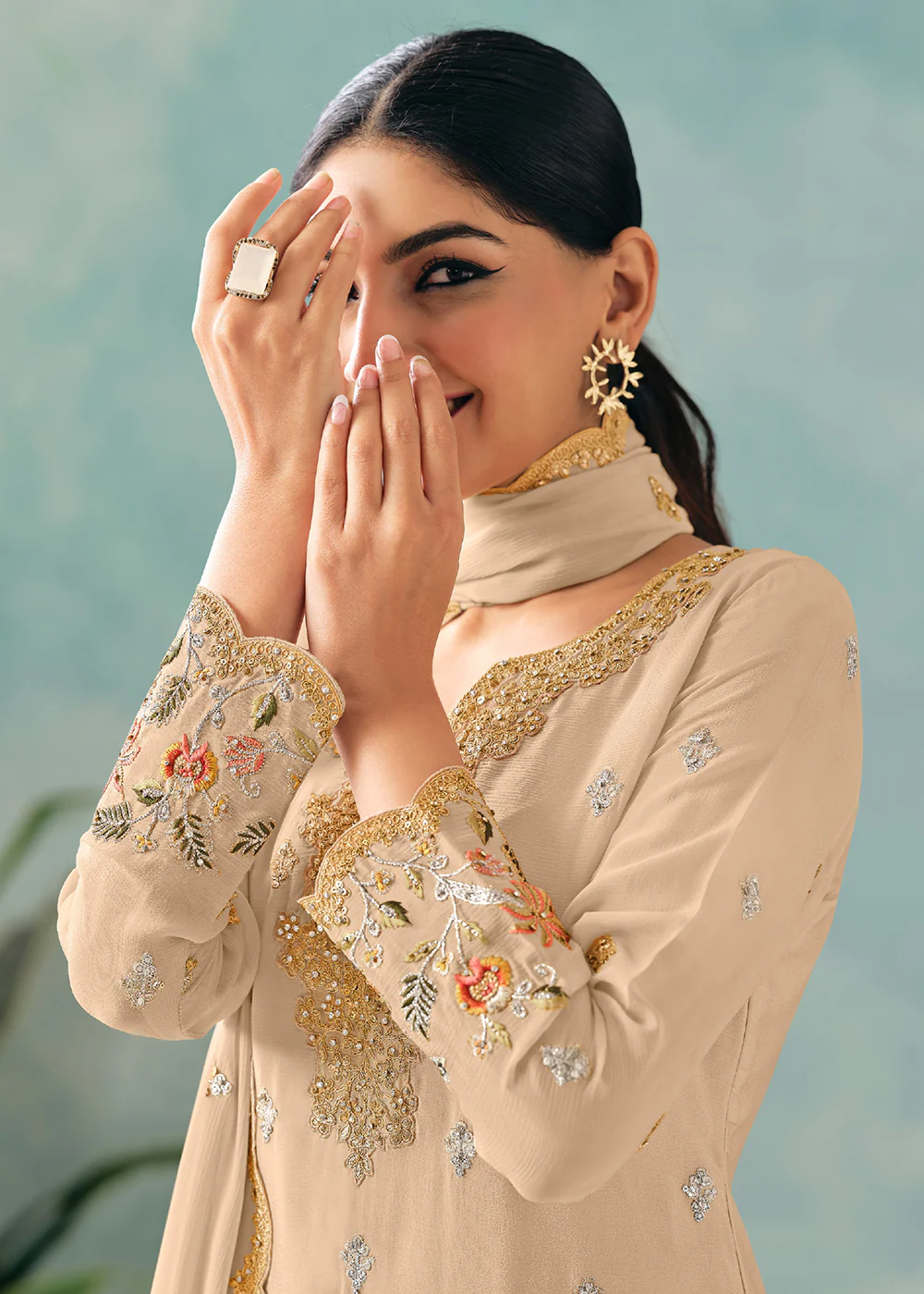 Beige Embroidered Chinnon Wedding Sharara Suit - Image 4