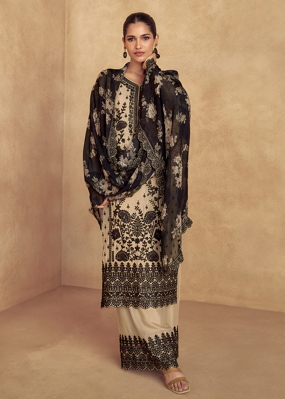 Beige Embroidered Lucknowi Style Palazzo Suit - Image 3