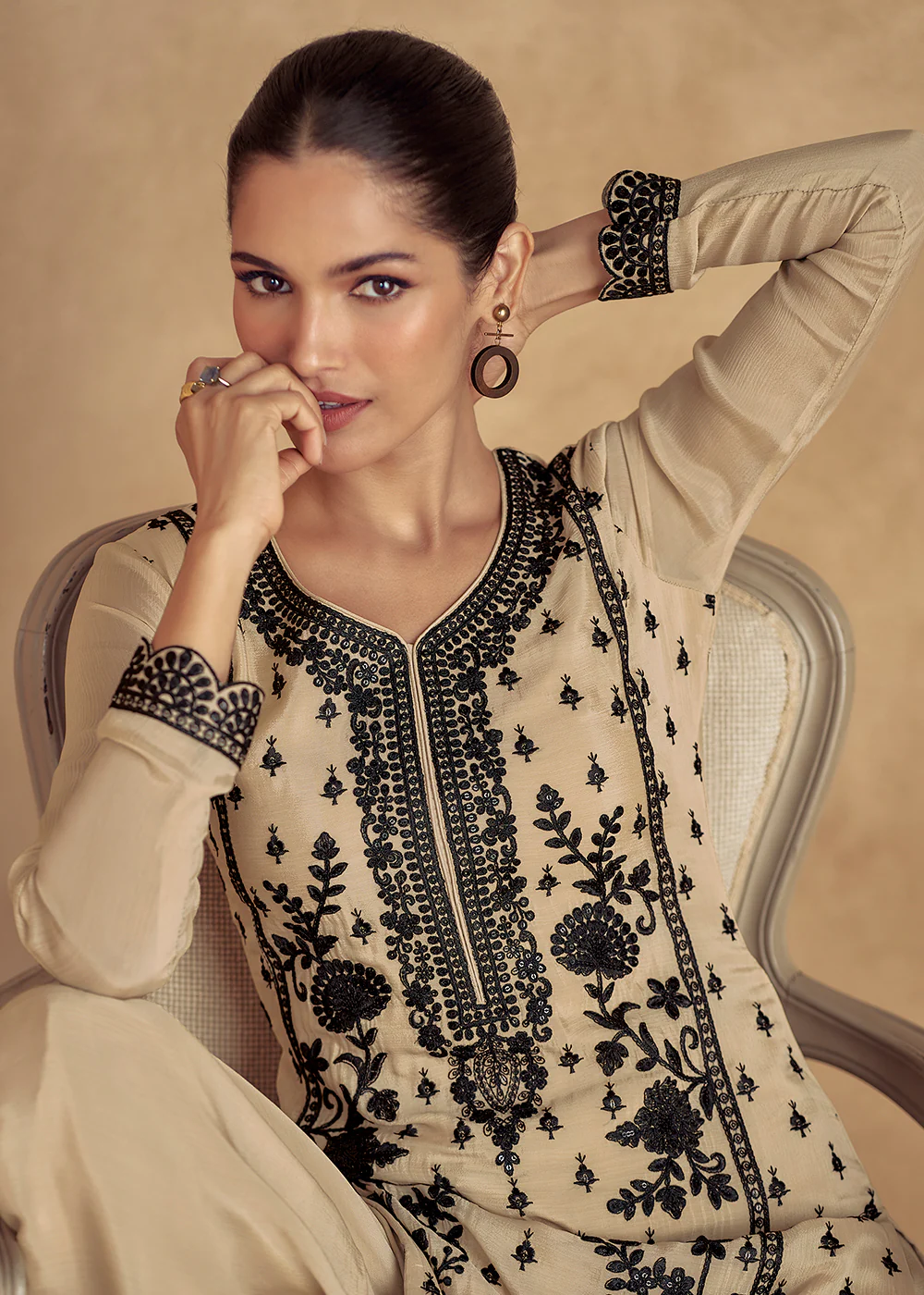 Beige Embroidered Lucknowi Style Palazzo Suit - Image 4