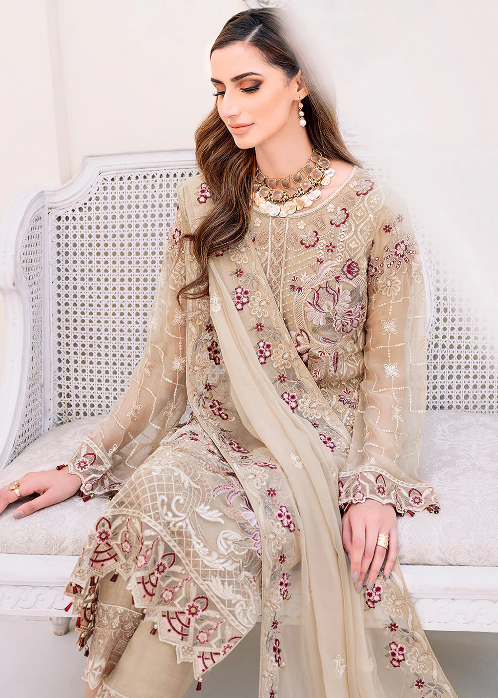 Beige Embroidered Suit - Ramsha Chiffon Vol 23 - #F-2306 - Image 2