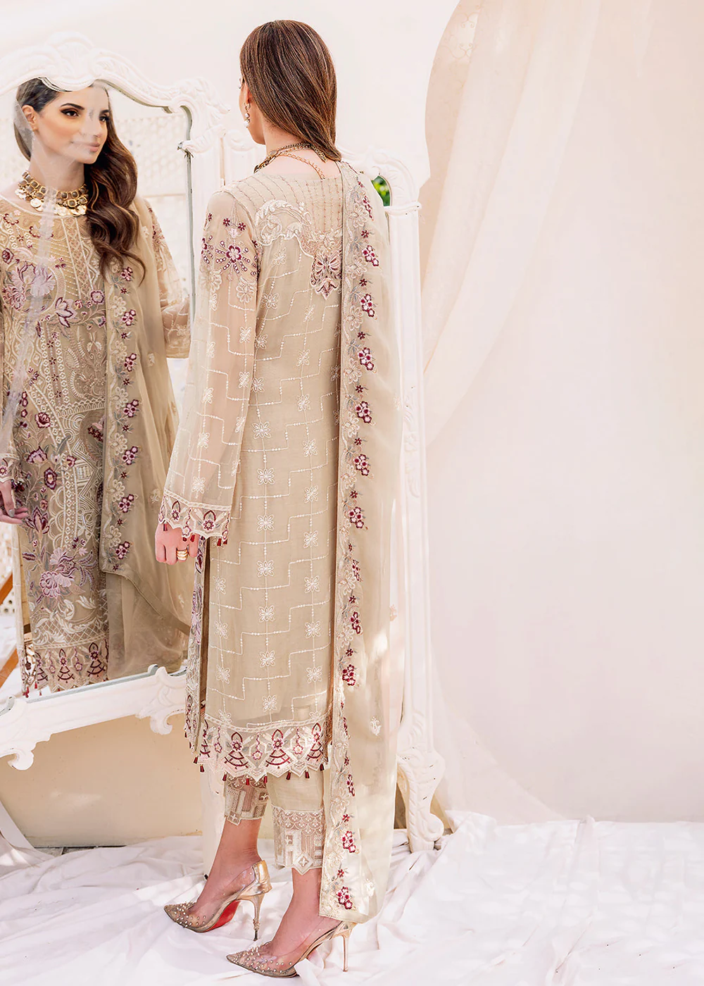 Beige Embroidered Suit - Ramsha Chiffon Vol 23 - #F-2306 - Image 3