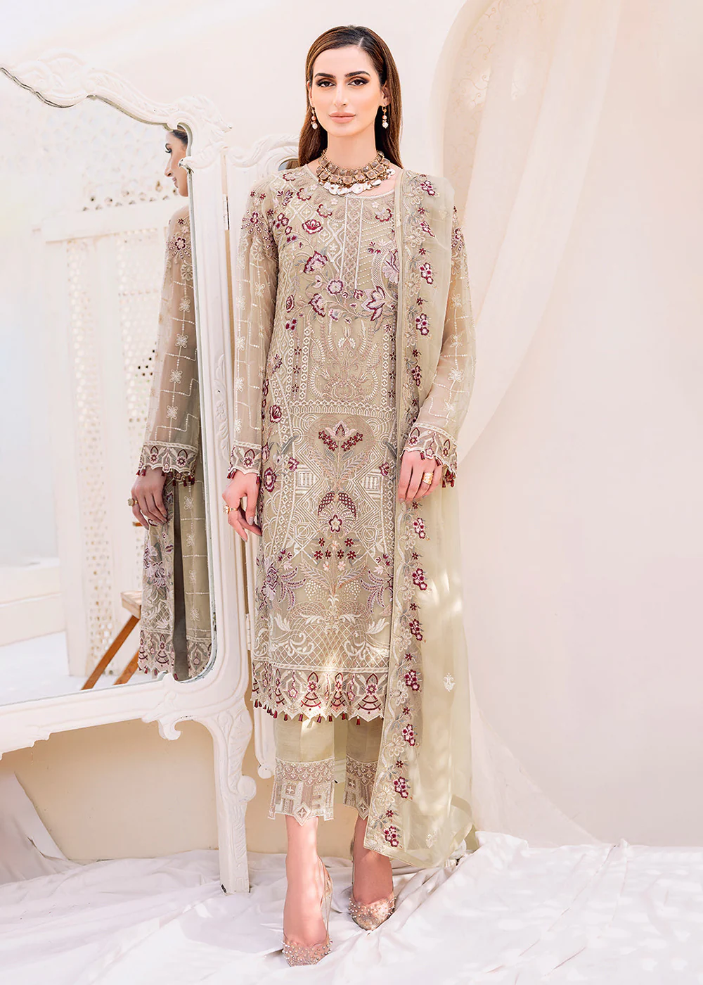 Beige Embroidered Suit - Ramsha Chiffon Vol 23 - #F-2306 - Image 4