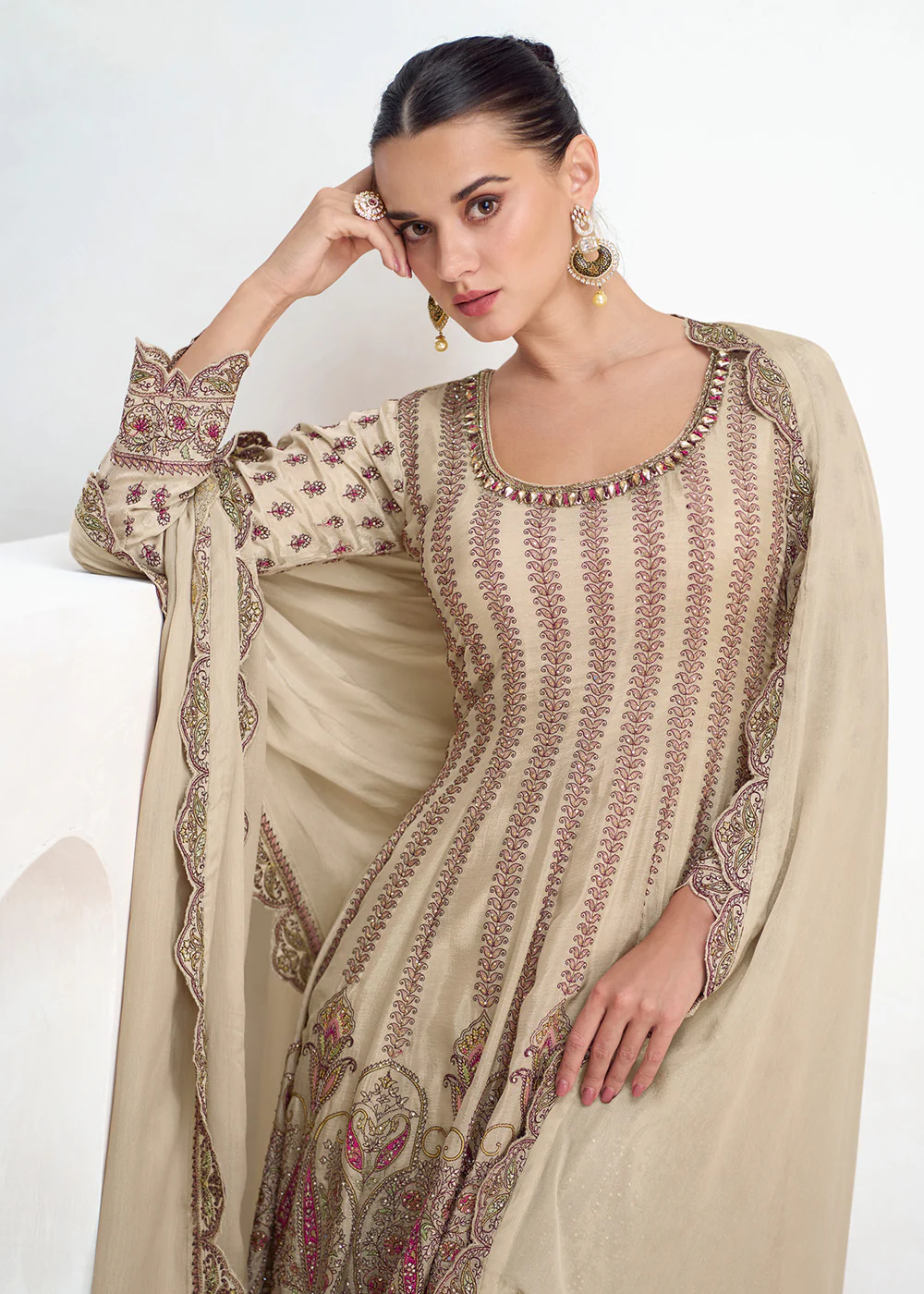 Beige Festive Style Embroidered Trendy Gharara Suit - Image 2
