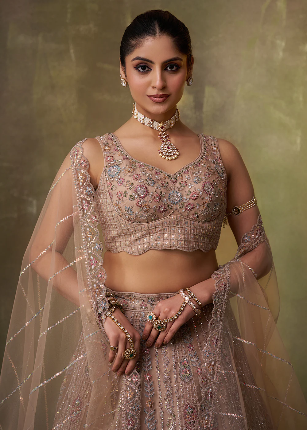 Beige Flared Embroidered Festive Lehenga Choli - Image 2