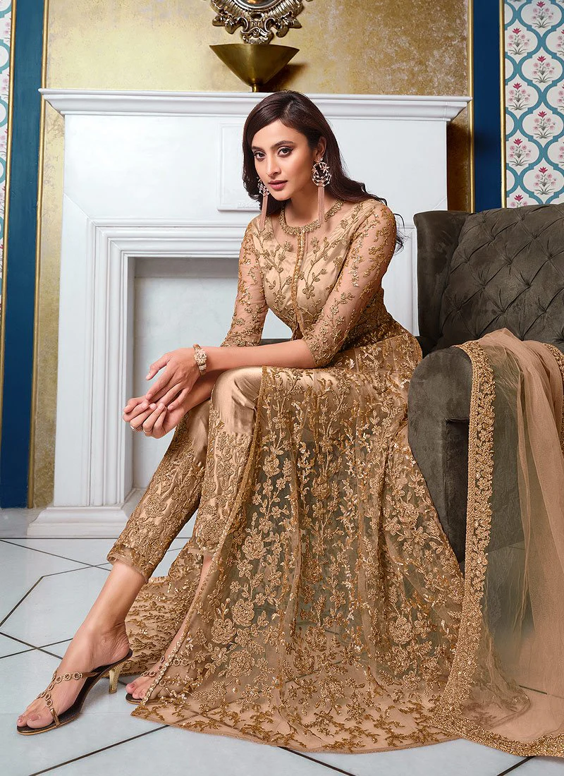 Beige Front Slit Sequins Embroidered Anarkali Suit - Image 2