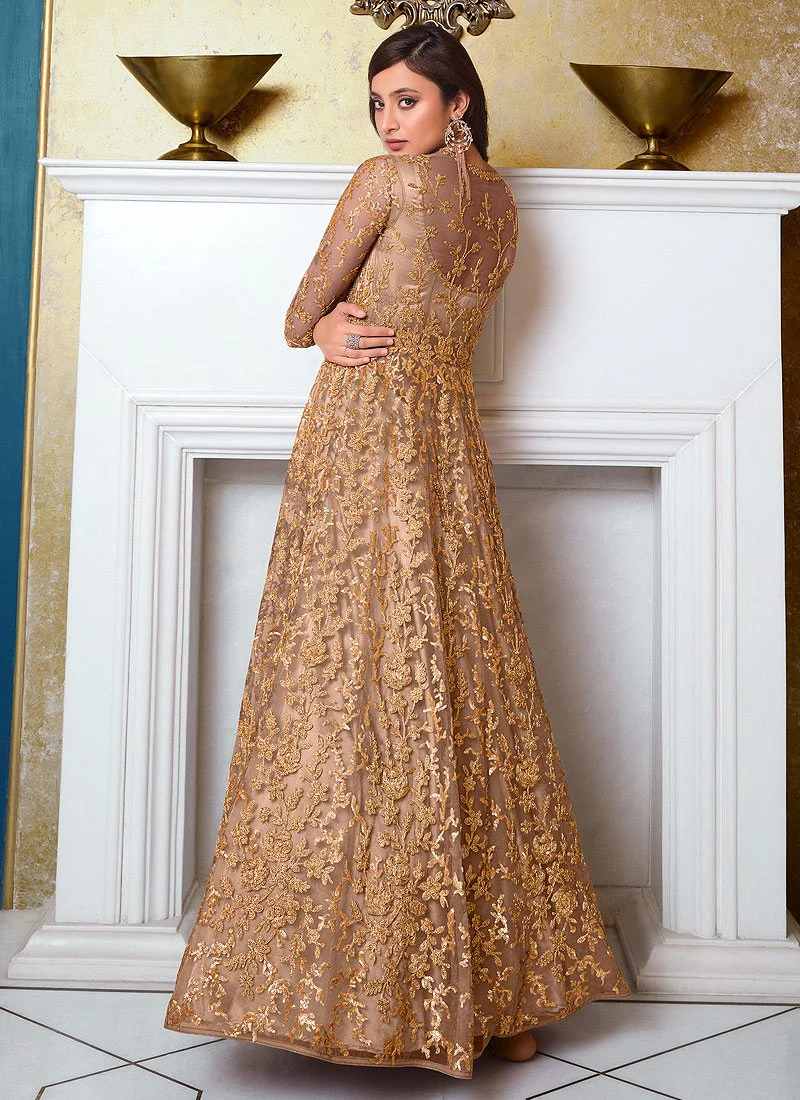 Beige Front Slit Sequins Embroidered Anarkali Suit - Image 3