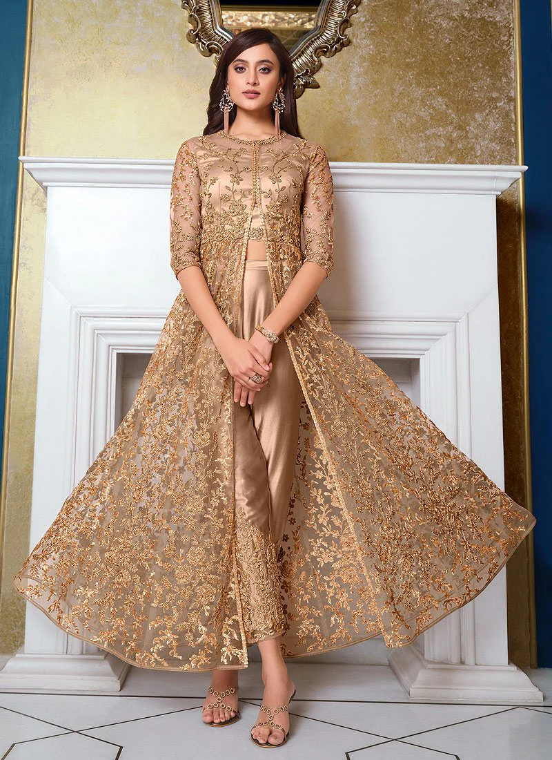 Beige Front Slit Sequins Embroidered Anarkali Suit - Image 4